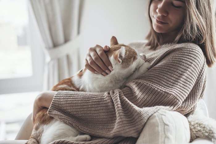 猫を抱っこして可愛がる女性