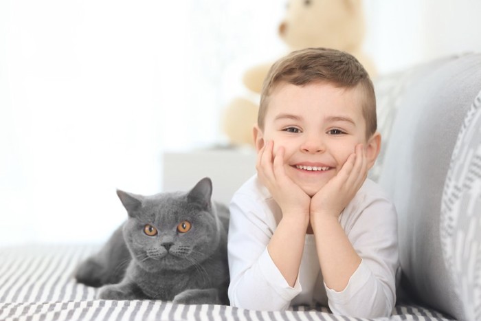 ソファーでくつろぐ男の子と猫