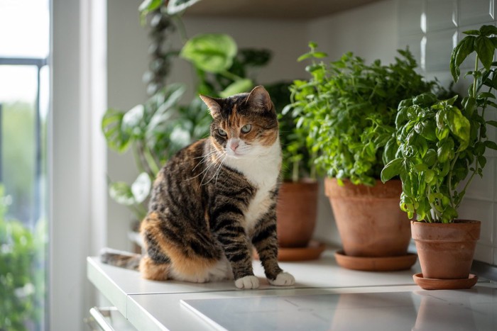 猫と観葉植物