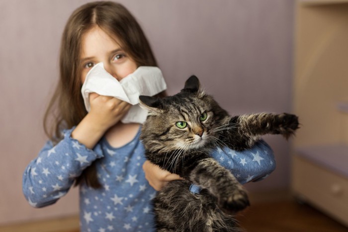 鼻をかむ少女と猫