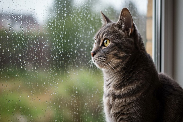 窓の外の雨を眺める猫