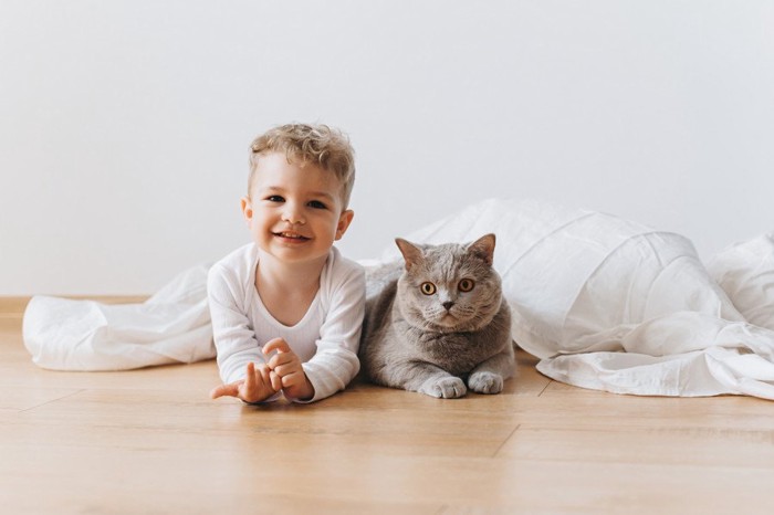 少年と並ぶ猫