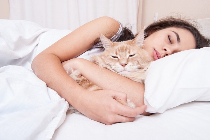 寝る女性と猫