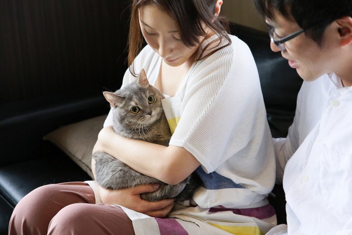 女性に抱かれる猫と男性