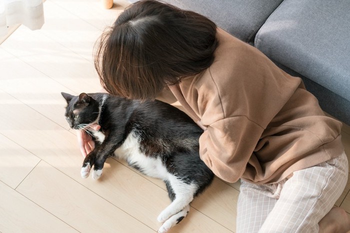 飼い主と一緒に床に寝転ぶ猫