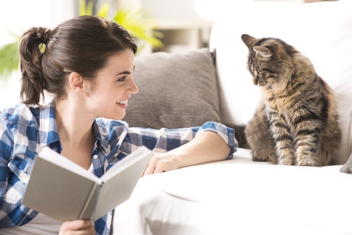 笑顔の女性を覗き込む猫