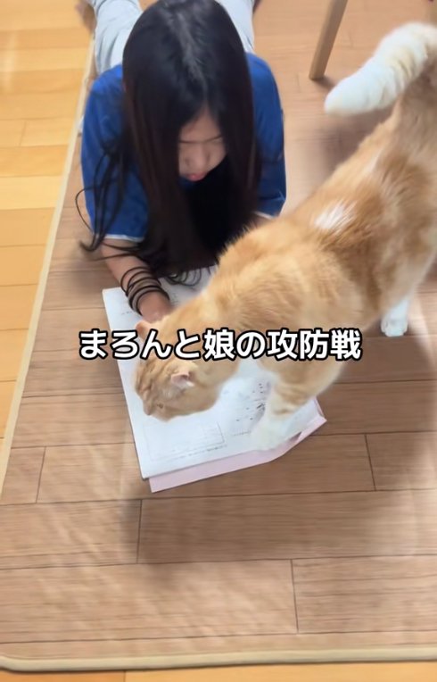 カメラに頭を向けて寝そべる子どもとプリントを踏む猫