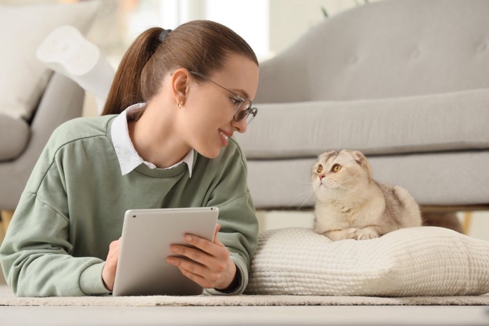 メガネの女性と猫