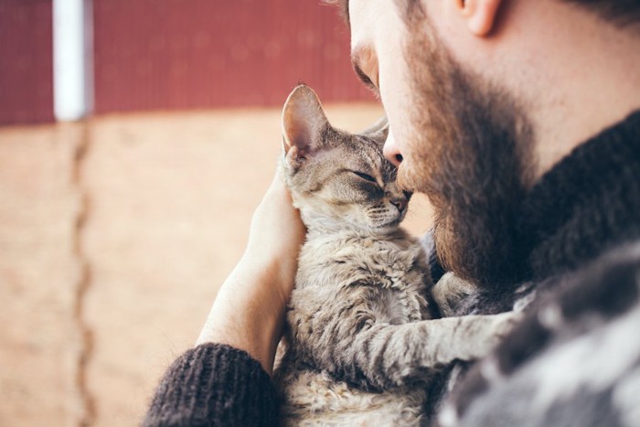 猫を抱いて見つめ合う男性