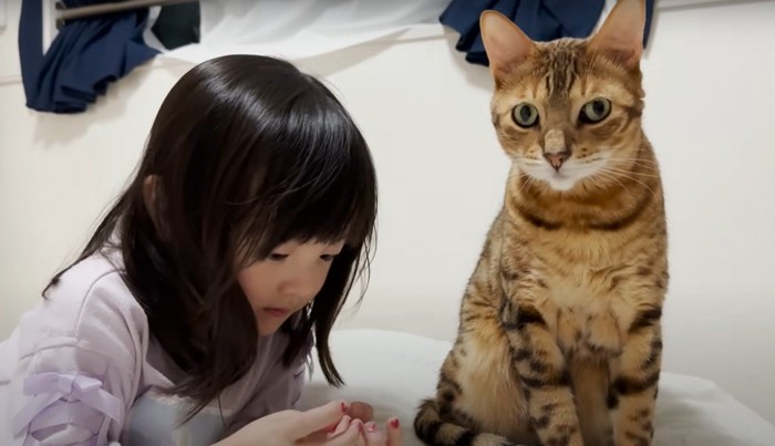 考え込む女の子と猫