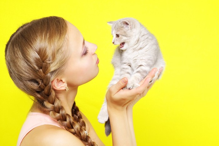 女性に鳴いている猫