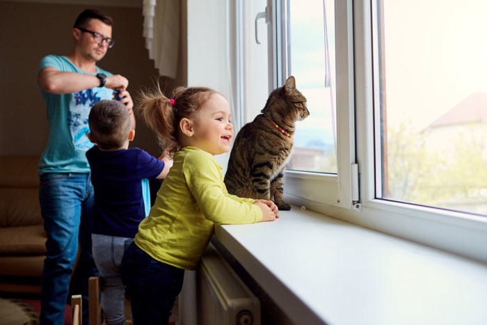 猫とともに窓の外をのぞく子供