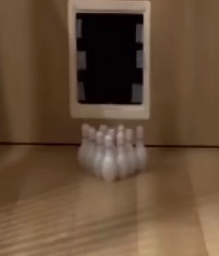 ドア前に並べられた小さめのボウリングのピン