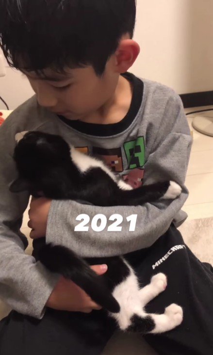 猫を抱っこしている男の子