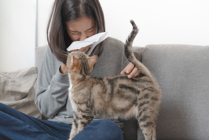 猫アレルギーでくしゃみをする女性