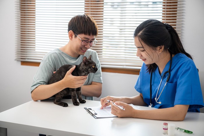 説明する獣医師とそれを聞く飼い主と猫