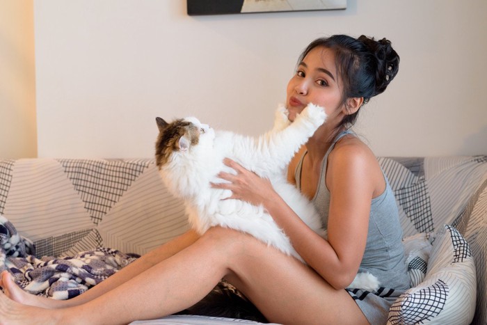 女性のスキンシップを拒む猫