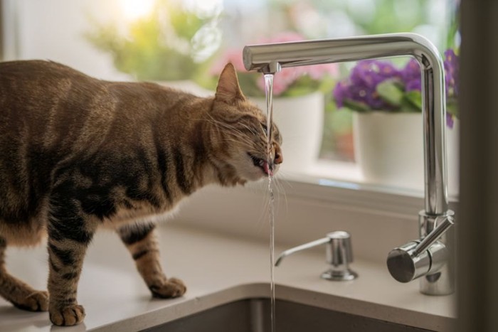 蛇口から出る水を飲む猫