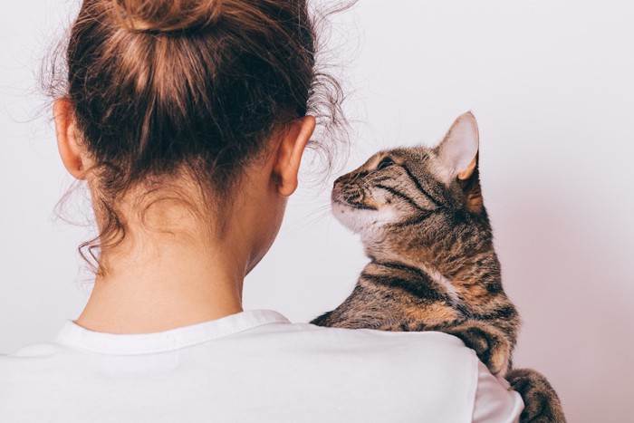 抱っこした女性を見つめる猫