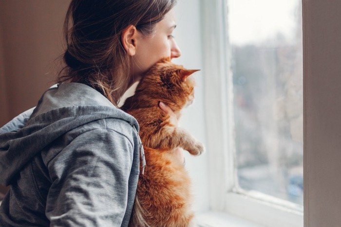 窓から外を見る飼い主と猫