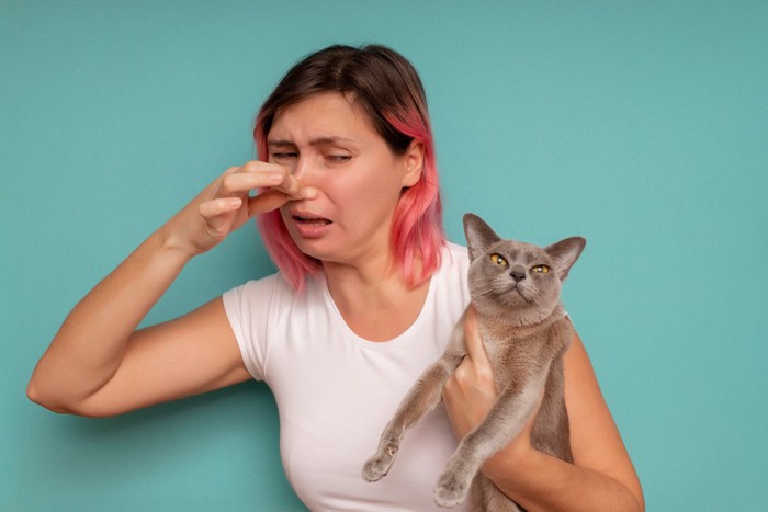 鼻を押さえて猫を見る女性