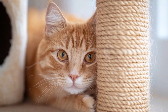 爪とぎの間からかくれんぼする猫