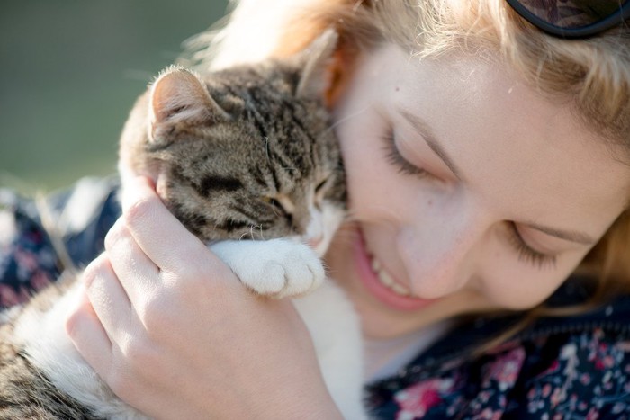 女性の膝に乗り本を見る猫