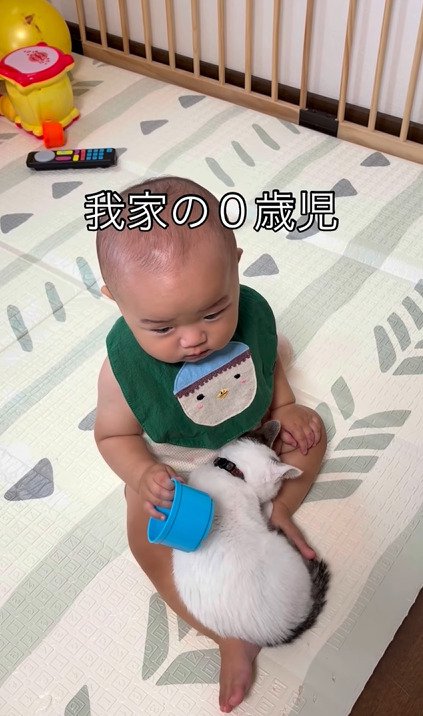 赤ちゃんの足に体を預けるつなちゃん
