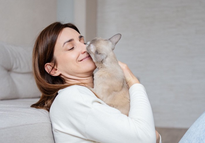 女性の鼻を舐める猫