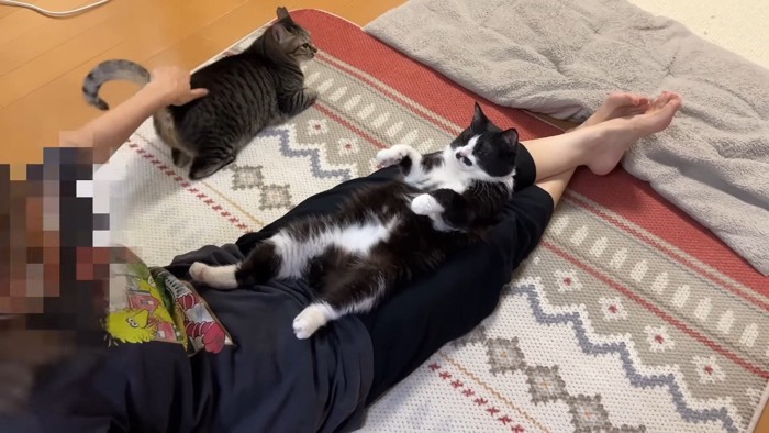 足の上で仰向け(斜めから)