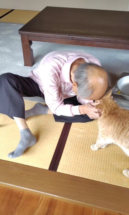 猫に顔を寄せるおじいちゃん
