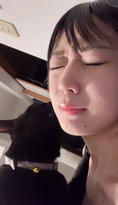 飼い主の顔をなめる黒猫と痛そうな飼い主