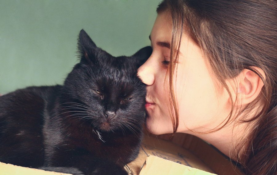黒猫にキスする少女