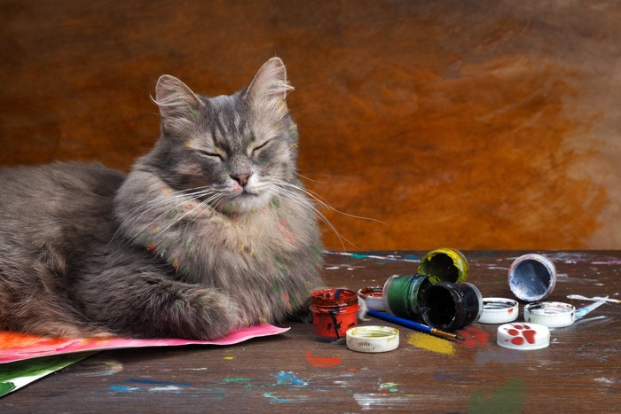 絵の具のそばに座る猫