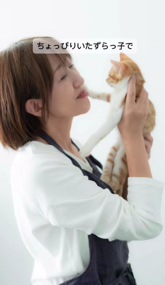 子猫を抱き上げる女性