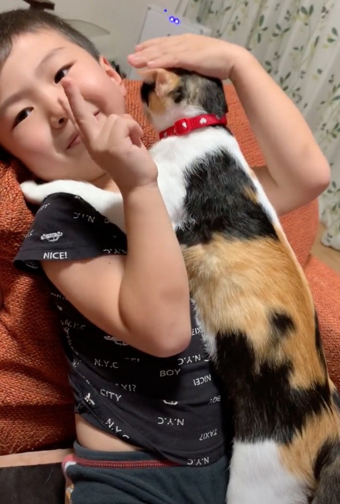 猫を抱っこしながらピース