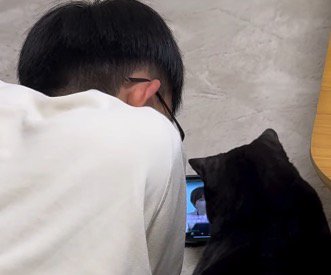 横になって一緒に動画を見る猫と男の子