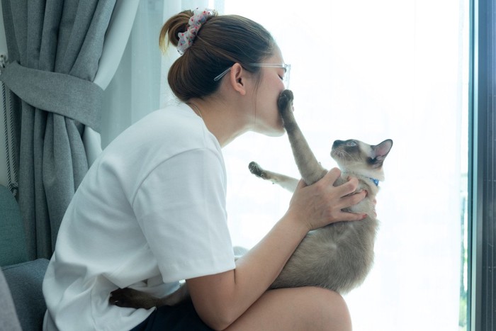 軽く拒否するように顔を触る猫