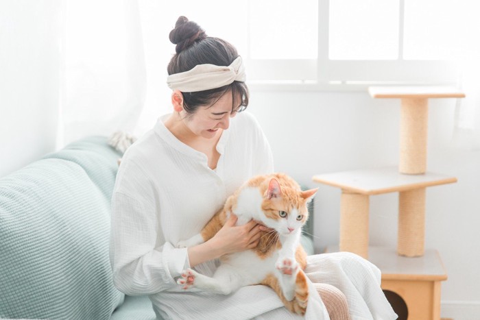 女性に抱っこされて不満そうな猫