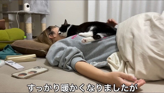 仰向けになっている女性の上に寝そべるハチワレ猫