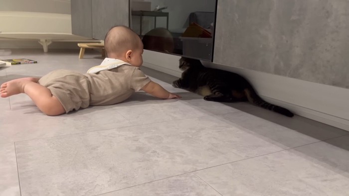 テレビボード下に手を伸ばす赤ちゃん