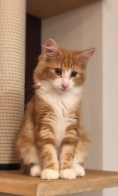 キャットタワーに座っているノルウェージャンフォレストキャットの子猫