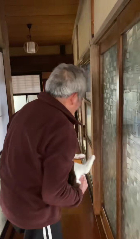 猫を抱っこするおじいちゃん