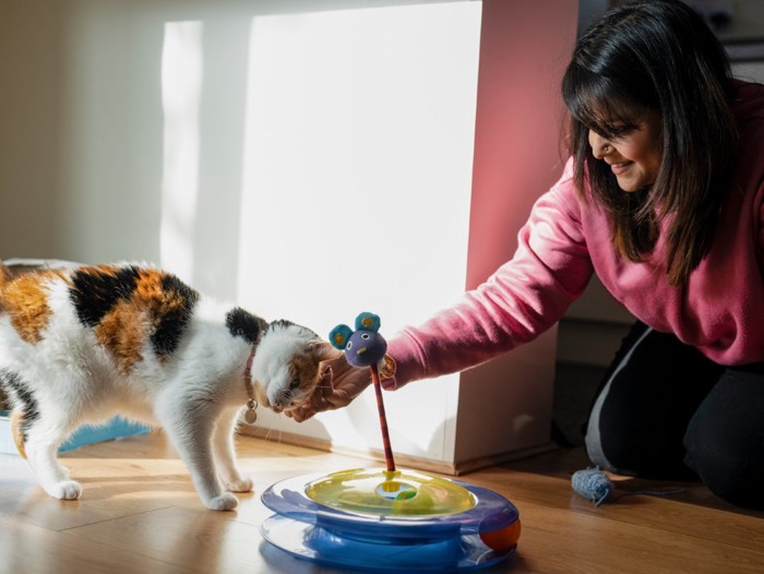笑顔で猫を撫でる女性