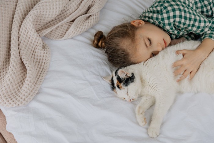 布団で休む子供と猫