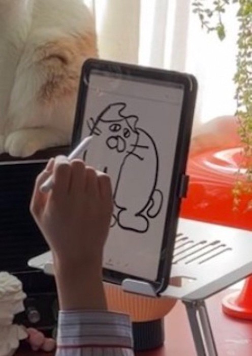 タブレットに描かれたゆるいタッチの猫のイラスト
