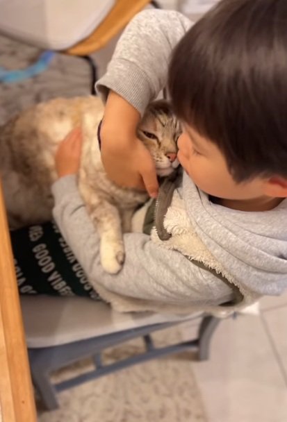 猫を抱いてなでている子供