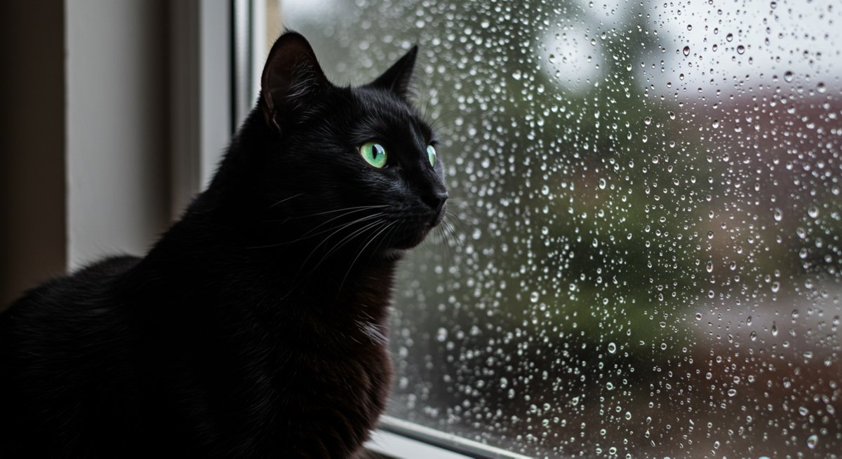 濡れた窓から外を見る黒猫