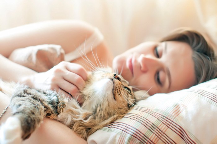 ベッドに横たわる女性と猫