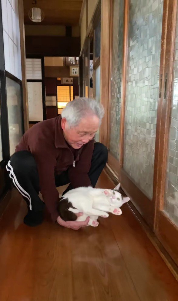 猫を抱き上げるおじいちゃん
